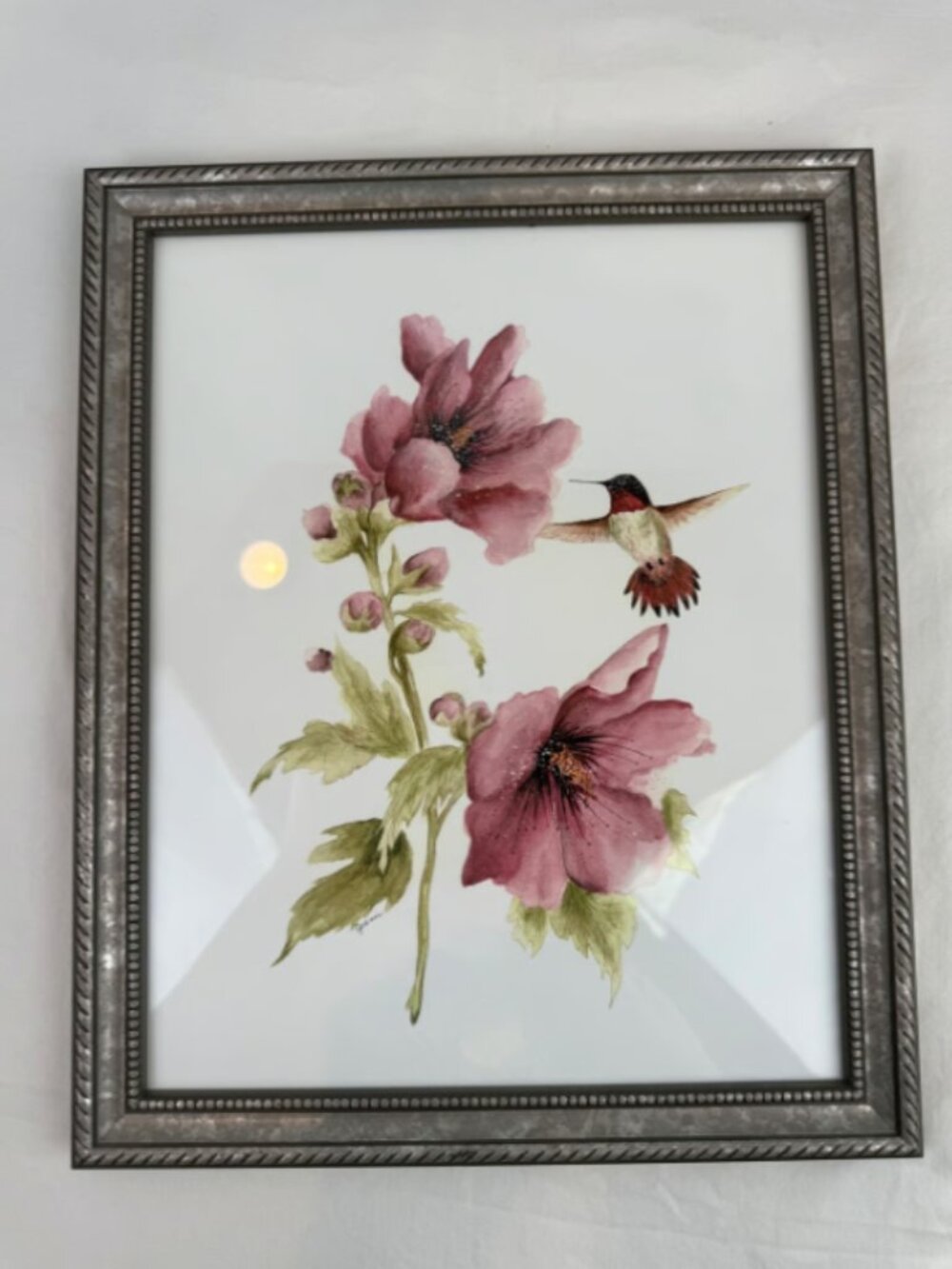 Original Signed Hummingbird and Pink Floral Watercolor Art Framed Cottage Galler